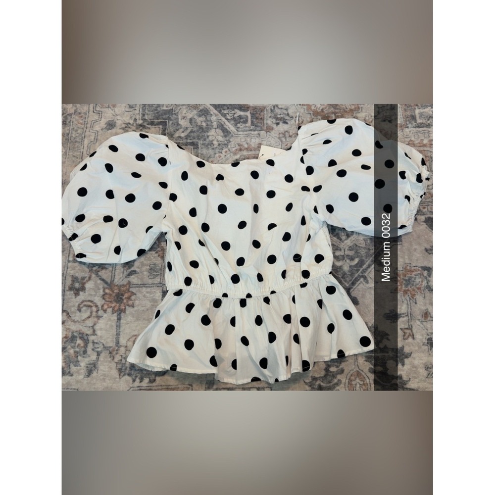 Dittos White Puff Sleeve Peplum Top with Black Polka Dots